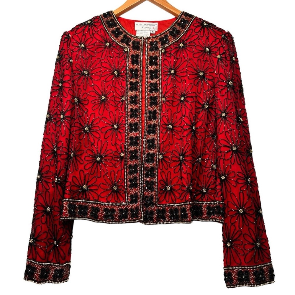Vintage Papell Boutique Evening Jacket Red Size 6 Black and Gold Beads Cardiga❣️